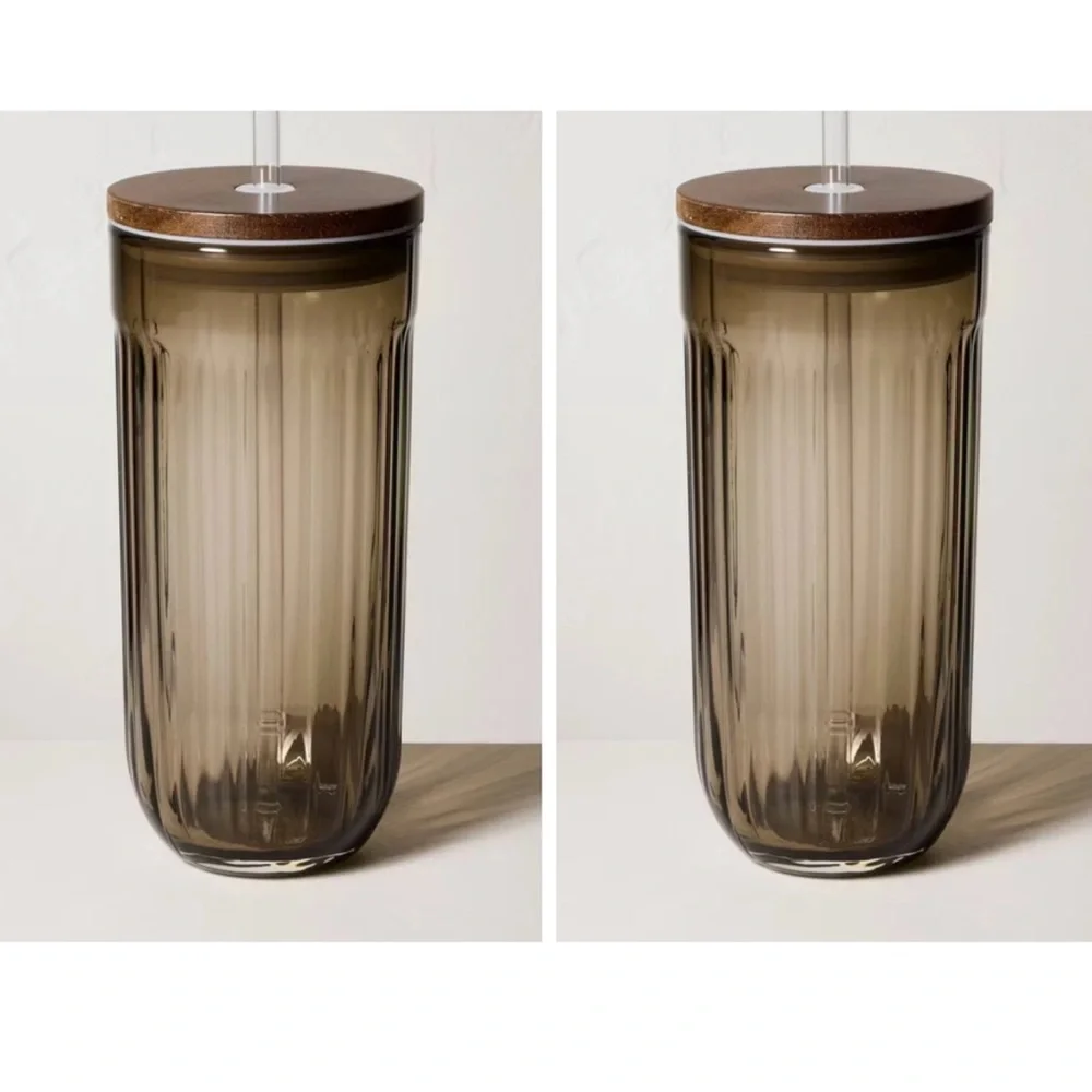 SET OF 2 Hearth & Hand™ with Magnolia BROWN 21oz Fluted Glass Tumbler Wood Lid